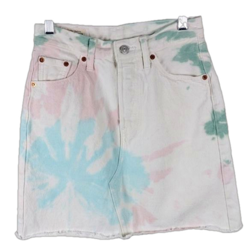Levi's Premium White Pastel Tie Dye Mid Rise Button Fly Raw Hem Mini Jean Skirt